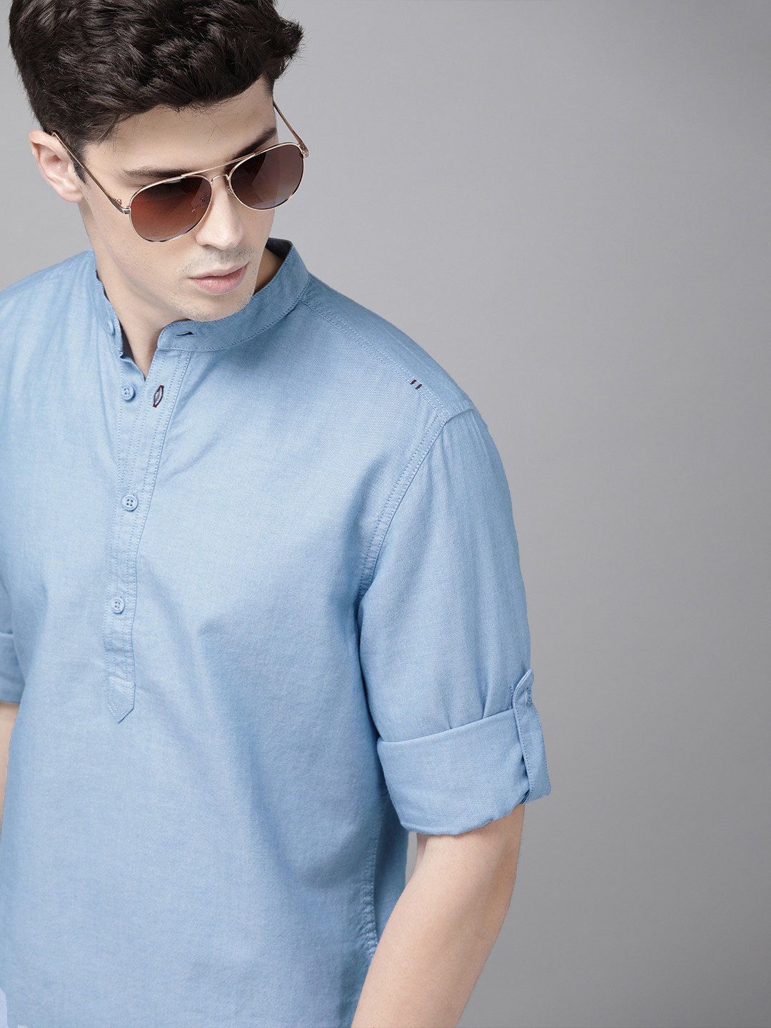 Roadster Men Blue Solid  Oxford Shirt with Half Placket