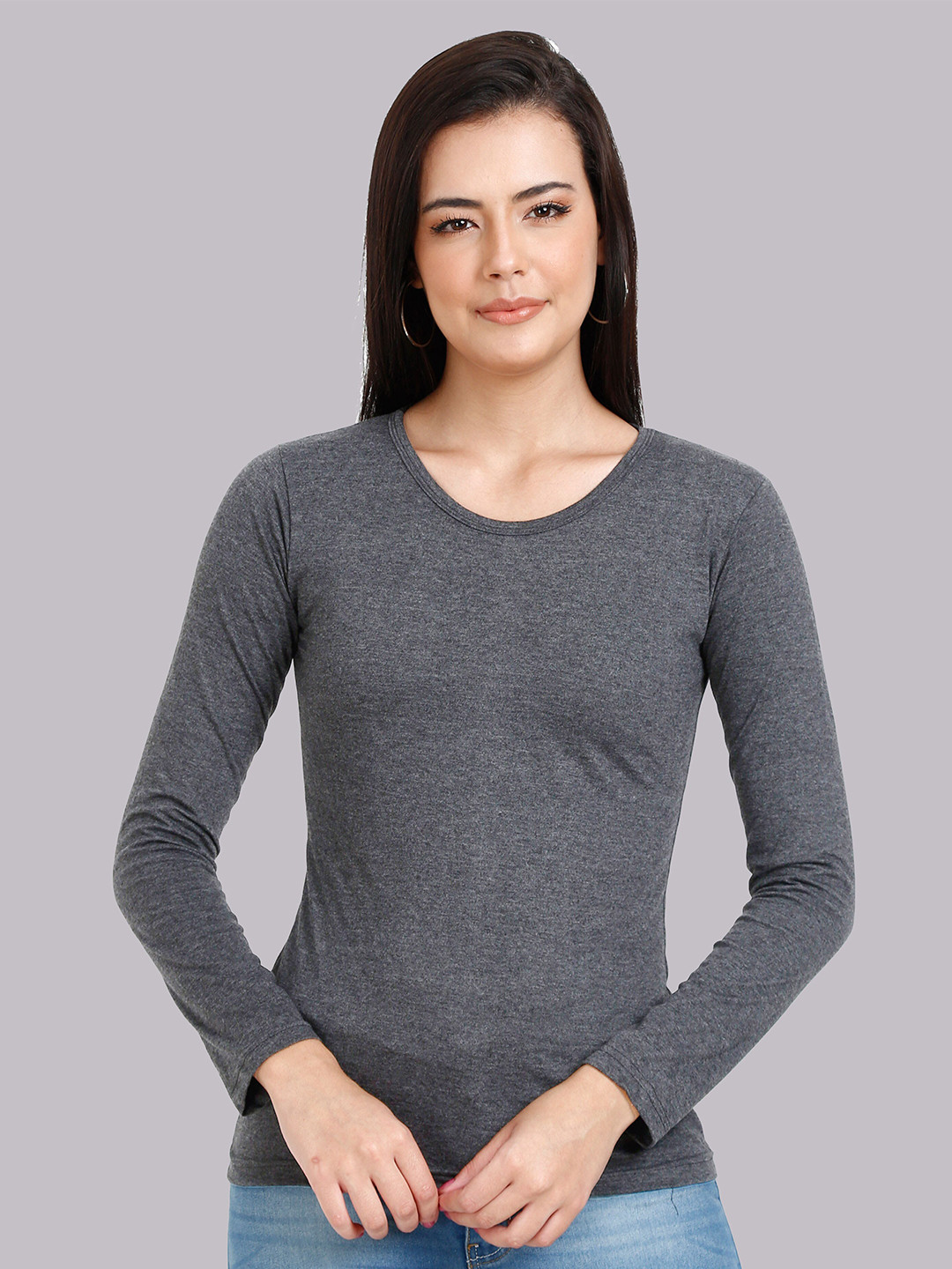 Fleximaa Women Charcoal Drop-Shoulder Sleeves Raw Edge T-shirt
