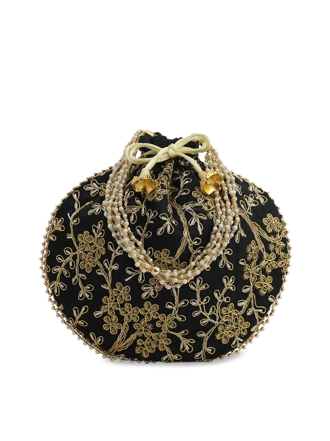gaura pakhi Women Black & Gold-Toned Embroidered Potli Clutch