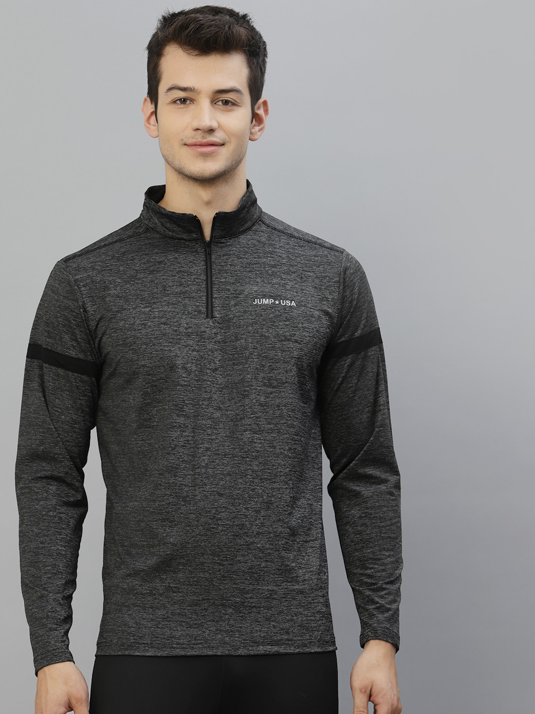JUMP USA Men Grey Melange High Neck Yoga T-shirt