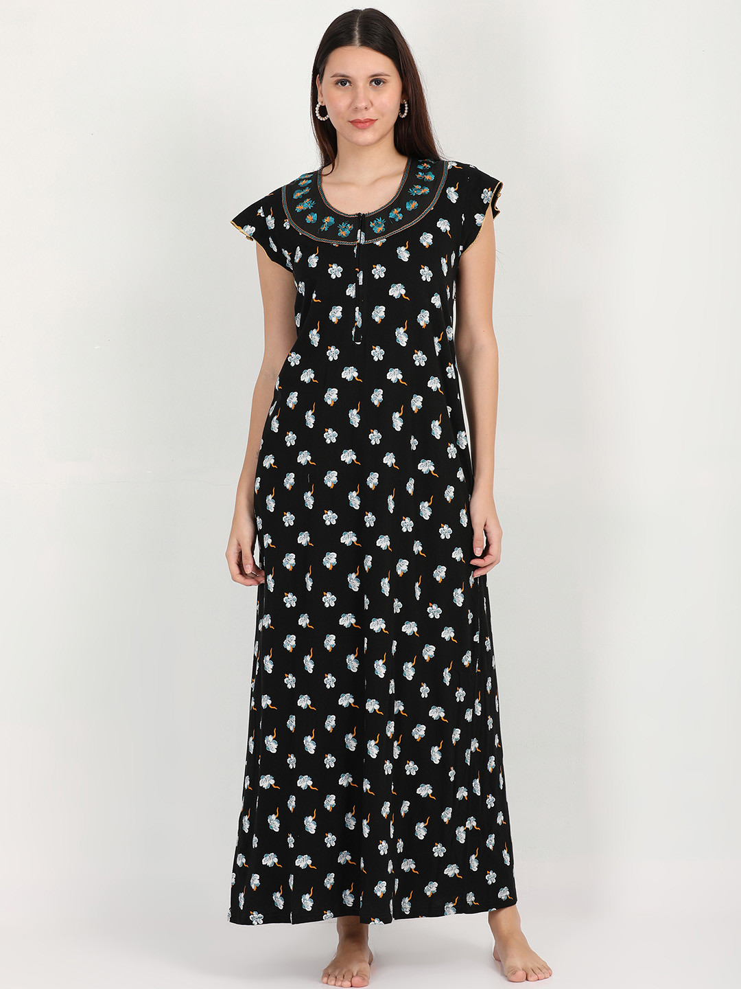 9shines Label Black Printed Maternity Maxi Nightdress