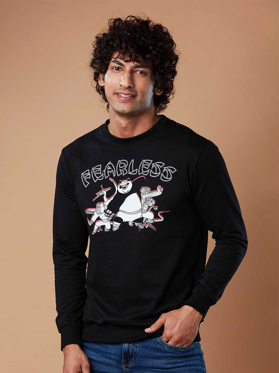 The Souled Store Men Black Kung Fu Panda Fearless Printed Cotton Sweatshirt