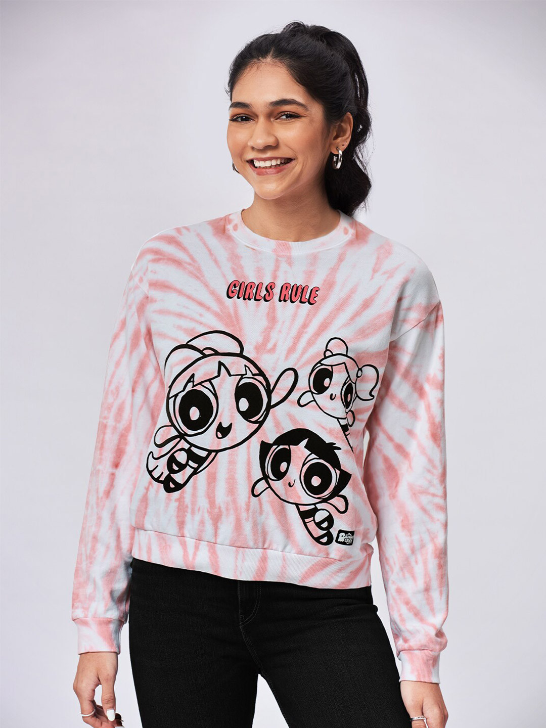 The Souled Store Women Pink & White Tie & Dye Printed Sweatshirt