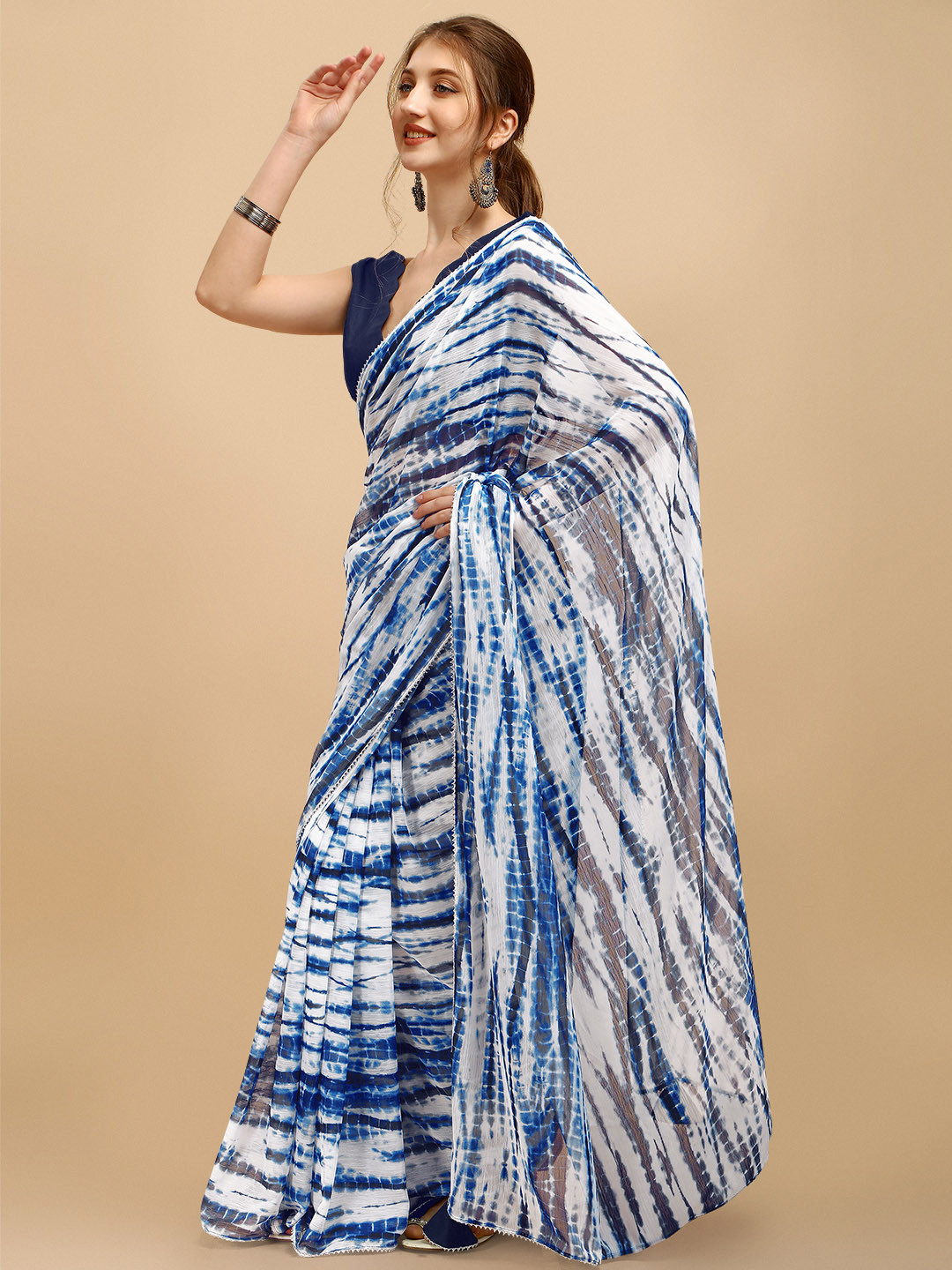 Sangria Blue & White Tie and Dye Poly Chiffon Saree
