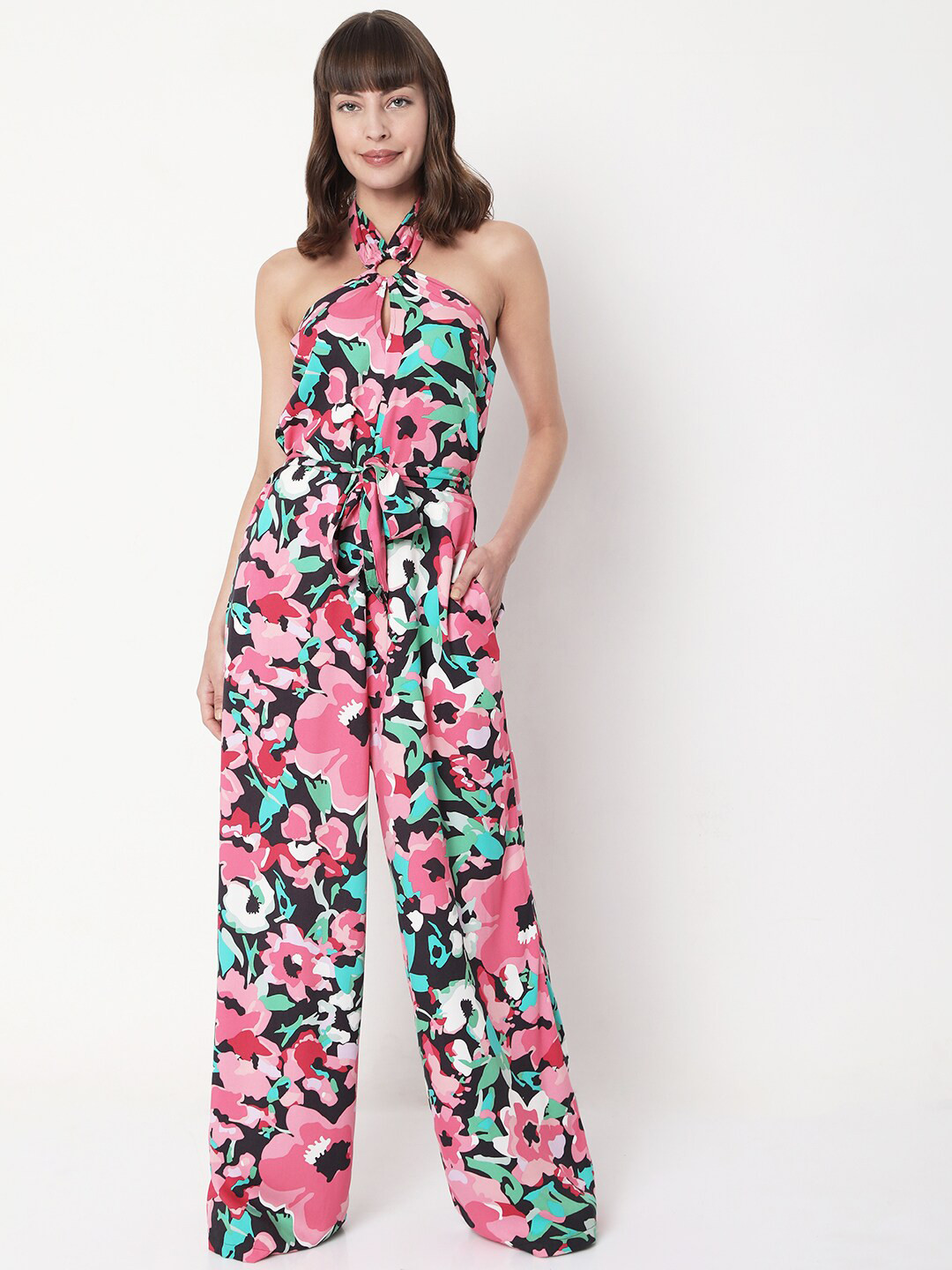 Vero Moda Black & Pink Halter Neck Printed Basic Jumpsuit