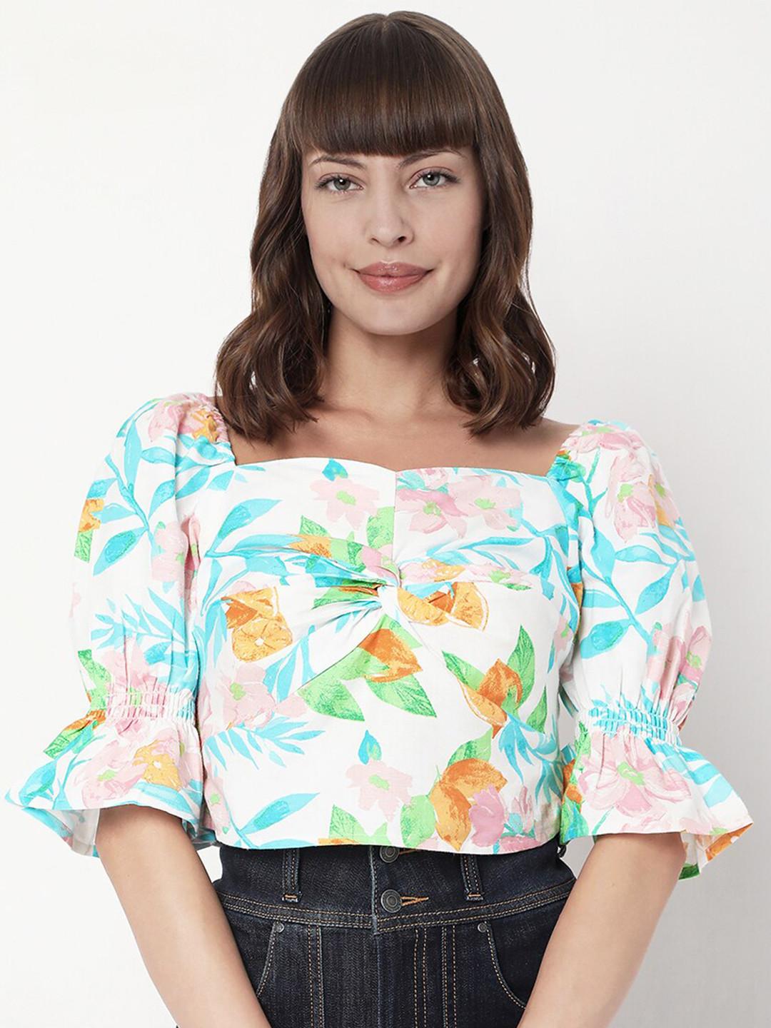 Vero Moda Women White & Blue Floral Printed Cotton Top