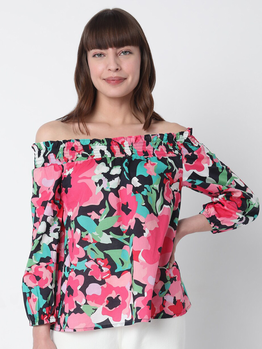 Vero Moda Pink & Black Floral Print Off-Shoulder Bardot Top