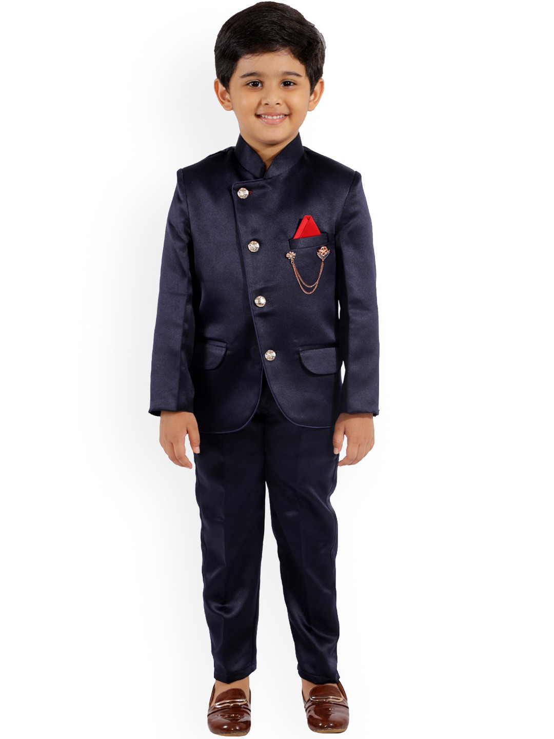 FOURFOLDS Boys Navy Blue Bandhgala Suit & Trouser