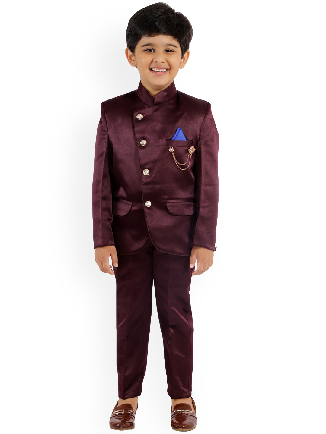 FOURFOLDS Boys Maroon Solid Slim-Fit Single-Breasted Two-Piece Bandhgala Party Suit