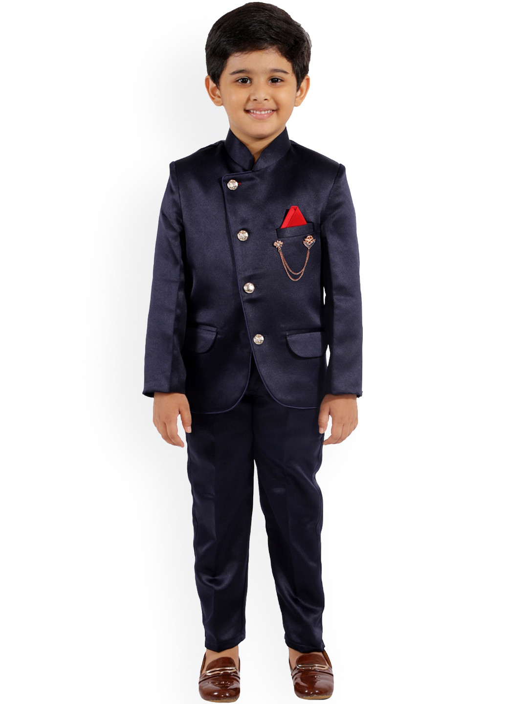 FOURFOLDS Boys Navy Blue Solid Bandhgala Suits
