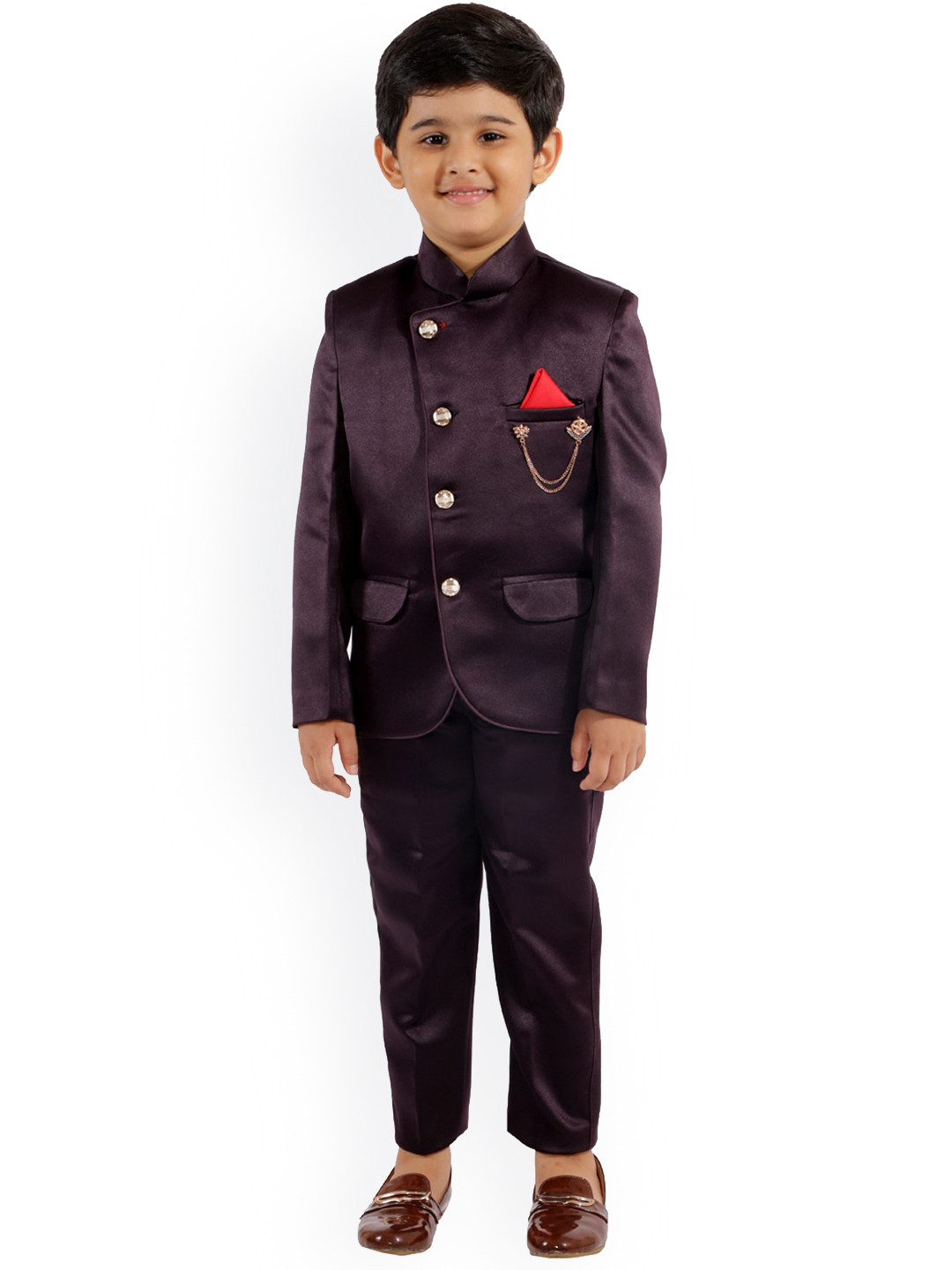 FOURFOLDS Boys Purple Solid Bandhgala Suit & Trouser
