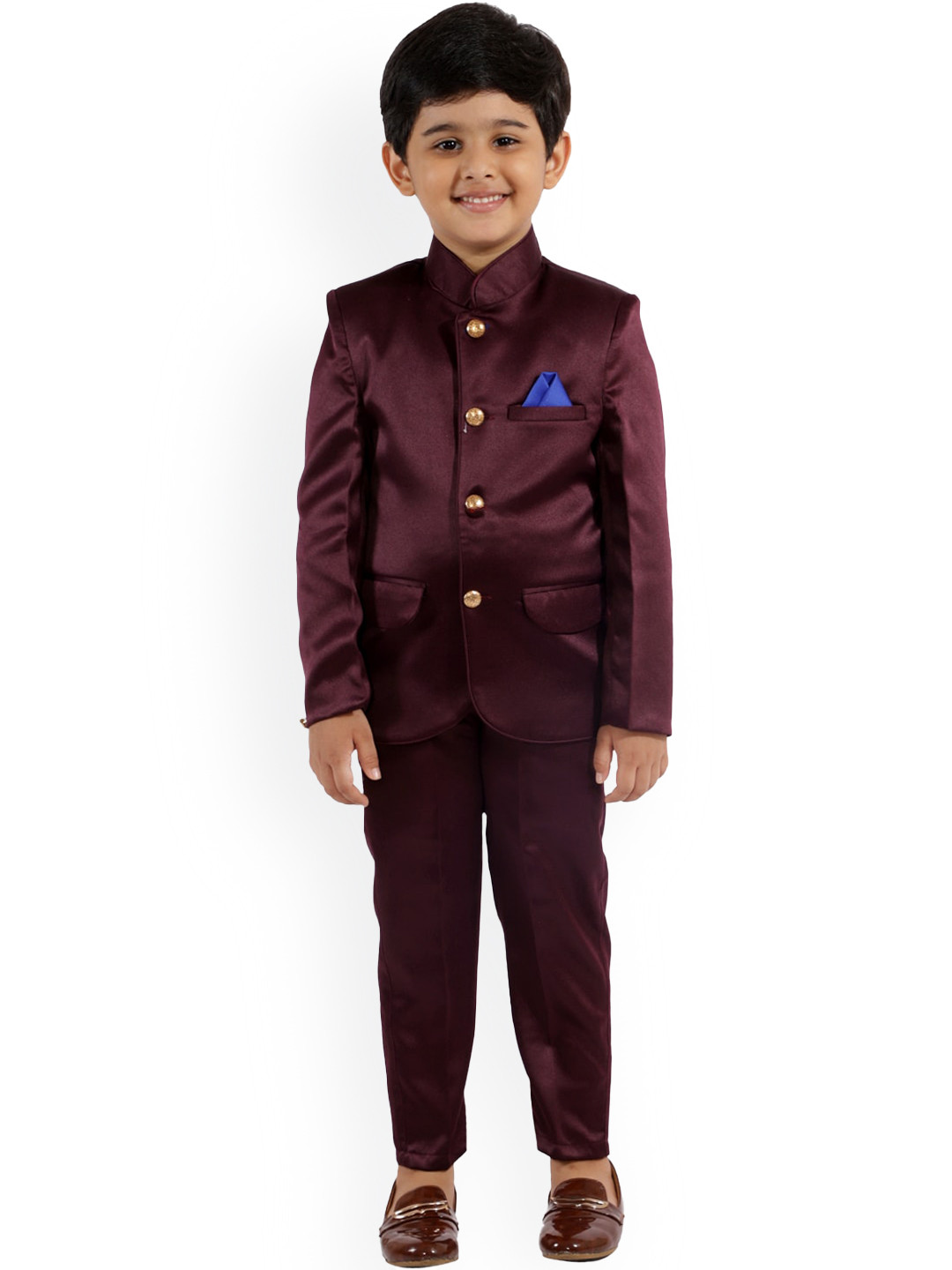 FOURFOLDS Boy's Maroon Solid Bandhgala Suit & Trouser