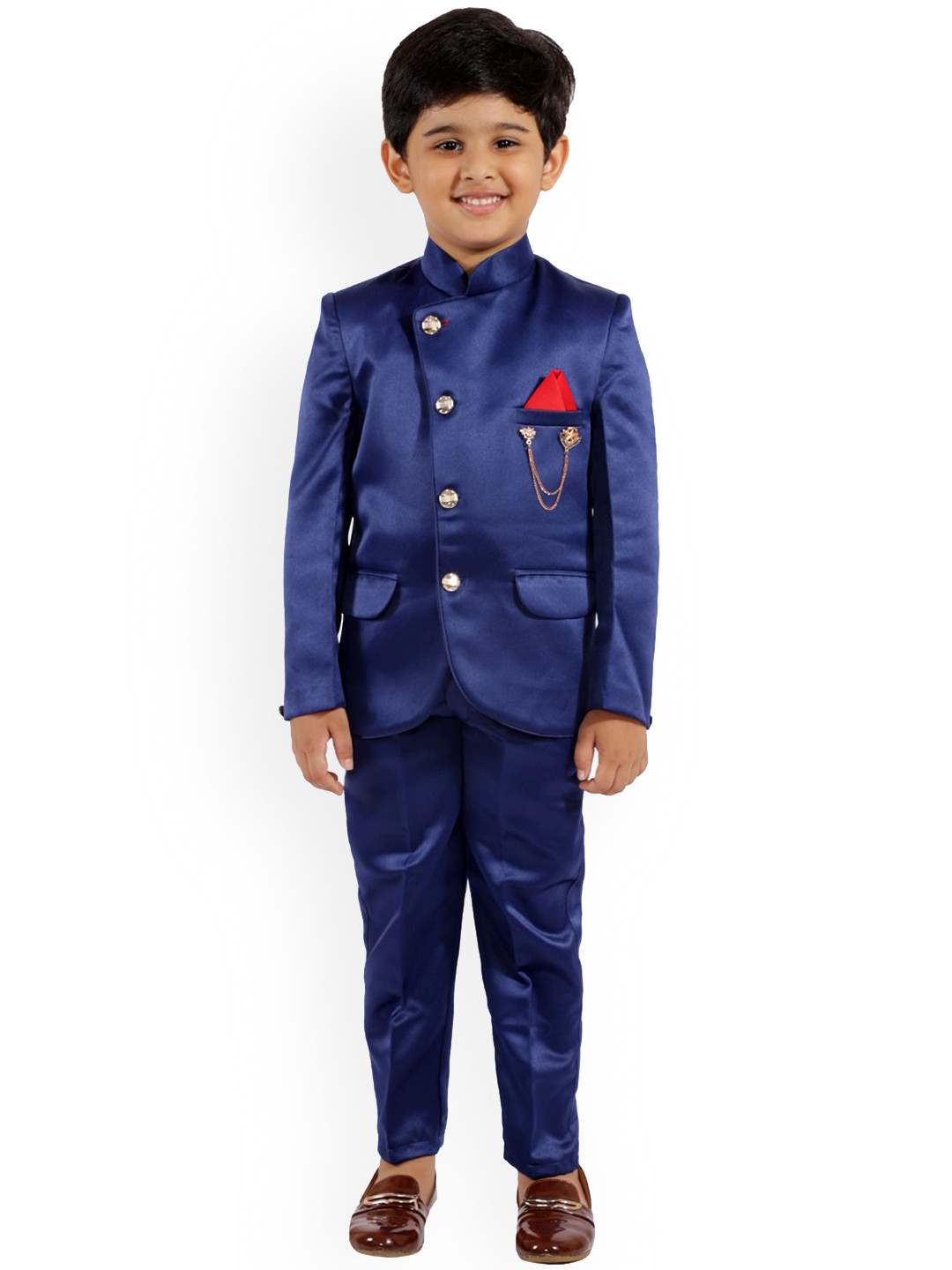 FOURFOLDS Boys Blue Solid Bandhgala Suits