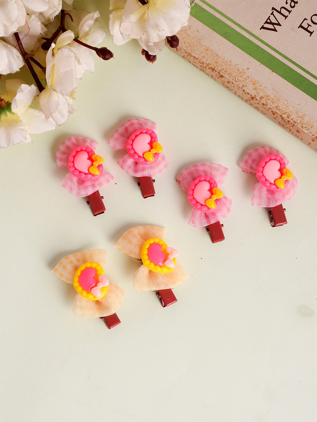Silvermerc Designs Girls Pink & Yellow Set of 6 Bow Alligator Hair Clip