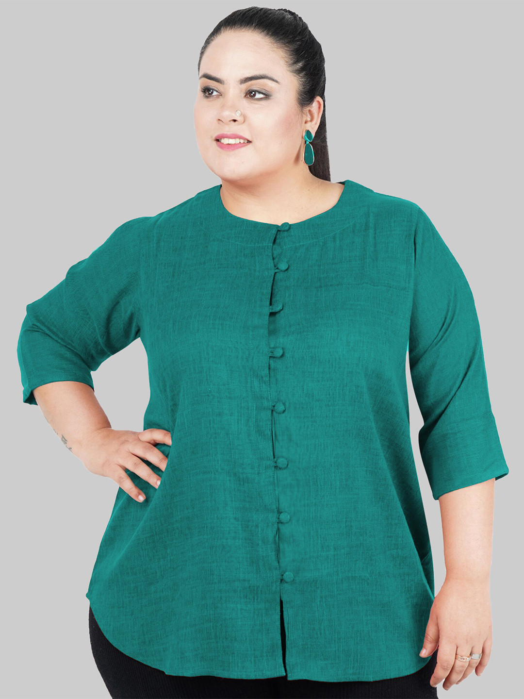Indietoga Women Plus Size Green Pure Cotton Linen Tunic