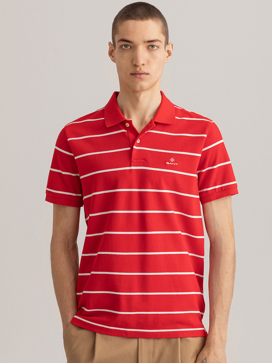 GANT Men Red Striped Polo Collar Pure Cotton T-shirt