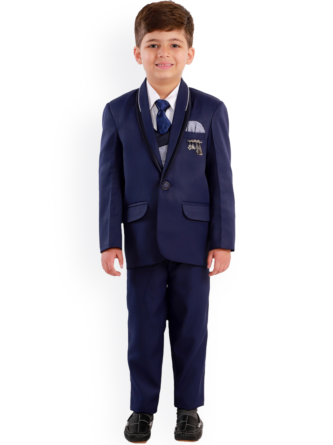 FOURFOLDS Boys Blue Solid Single-Breasted Five-Piece Suit