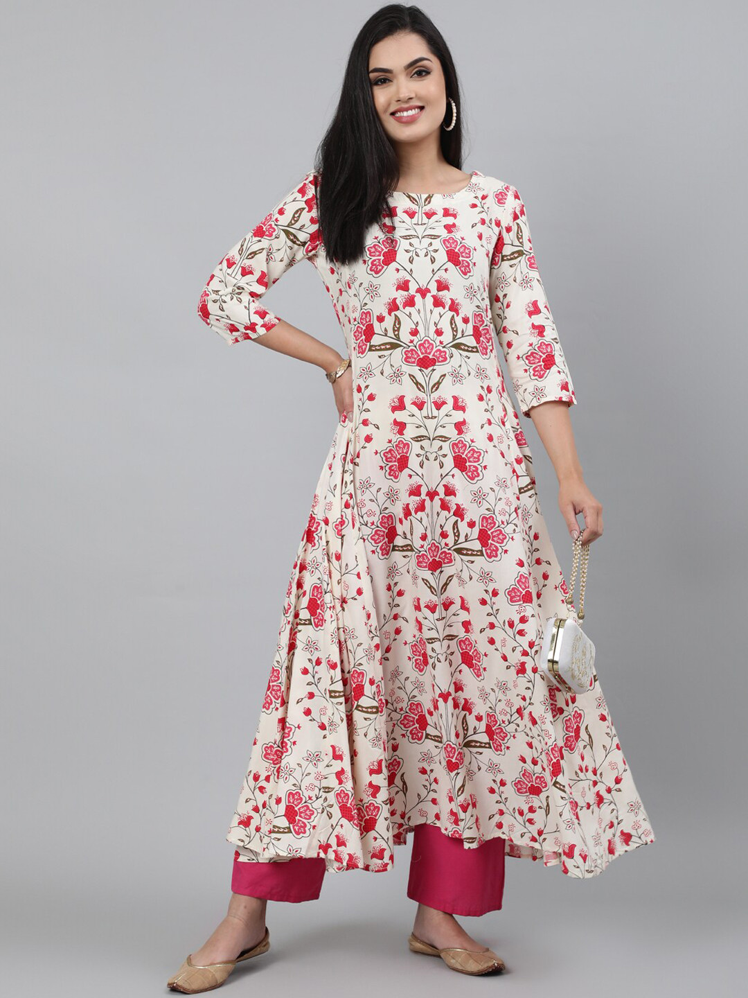 KIMAYRA Women White & Pink Floral Printed Anarkali Kurta