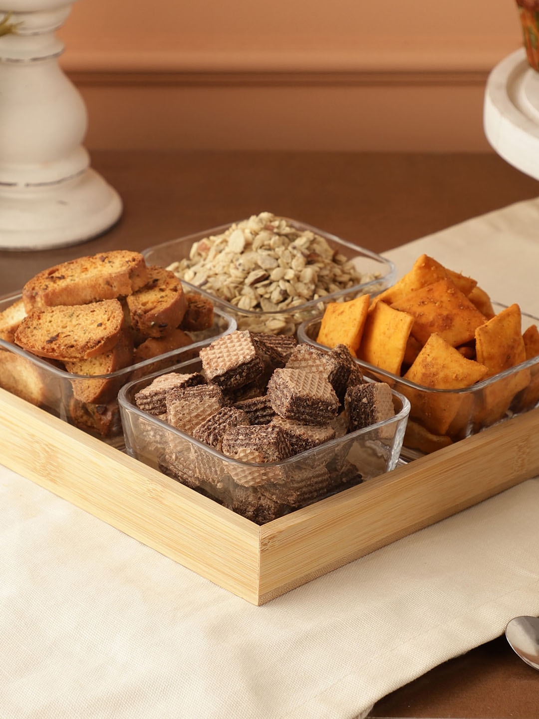 The Decor Mart Brown &Transparent Wooden Tray With Serving Bowls