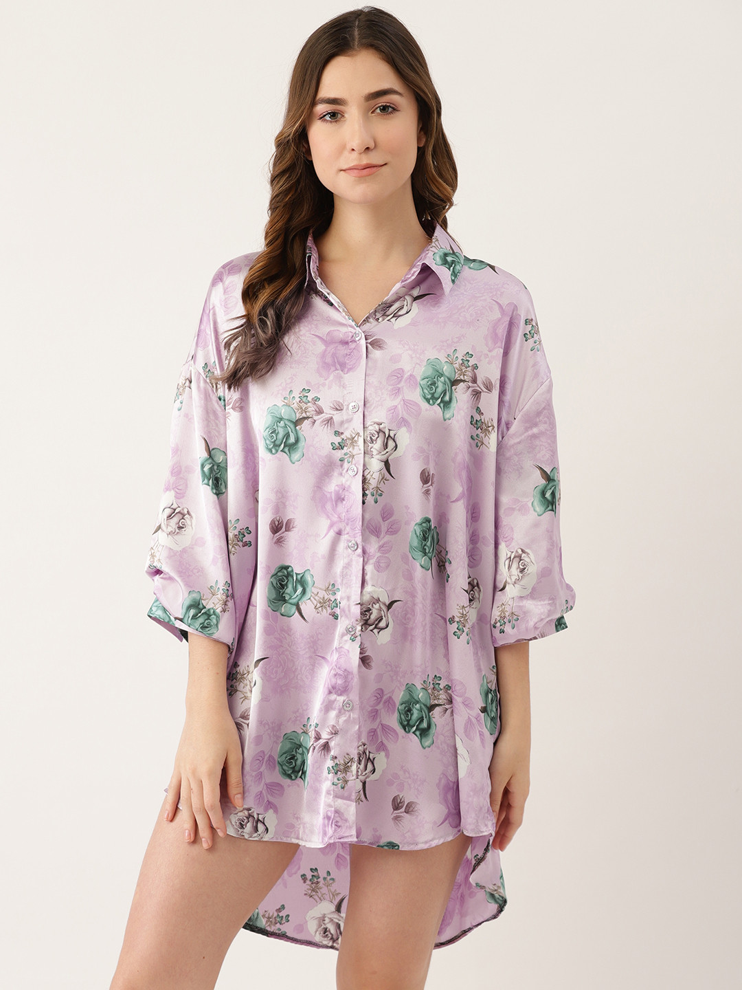 Ms Lingies Women Purple Floral Printed Shirt Style Nightdress