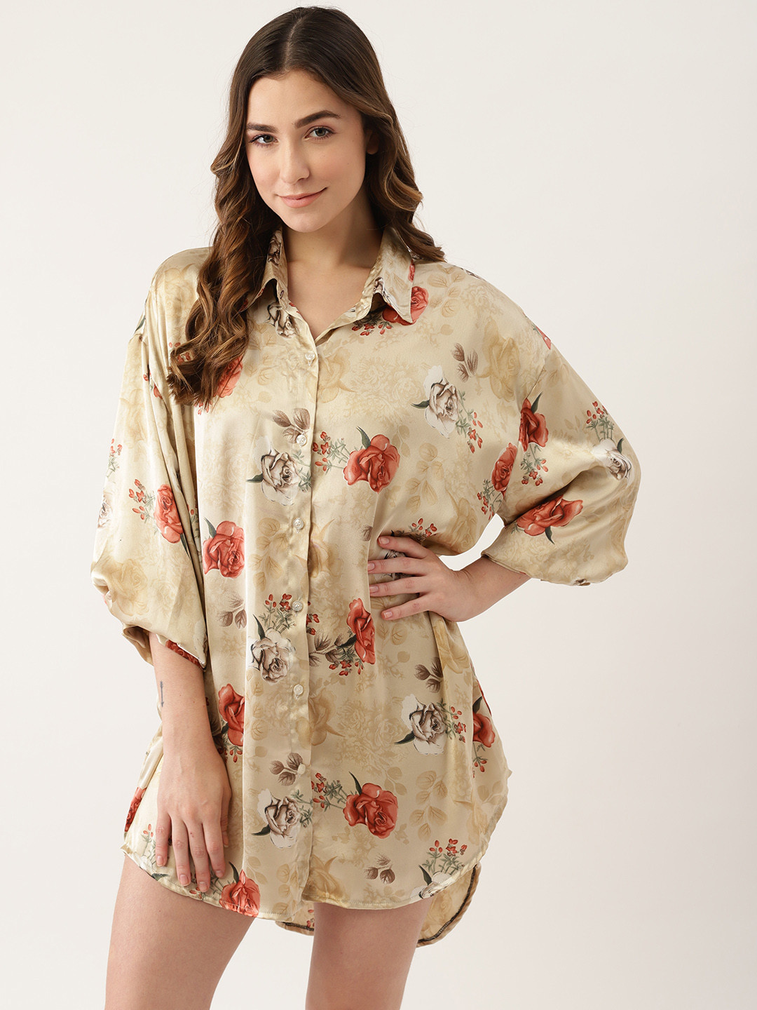Ms Lingies Women Peach-Coloured Floral Printed Shirt Style Nightdress