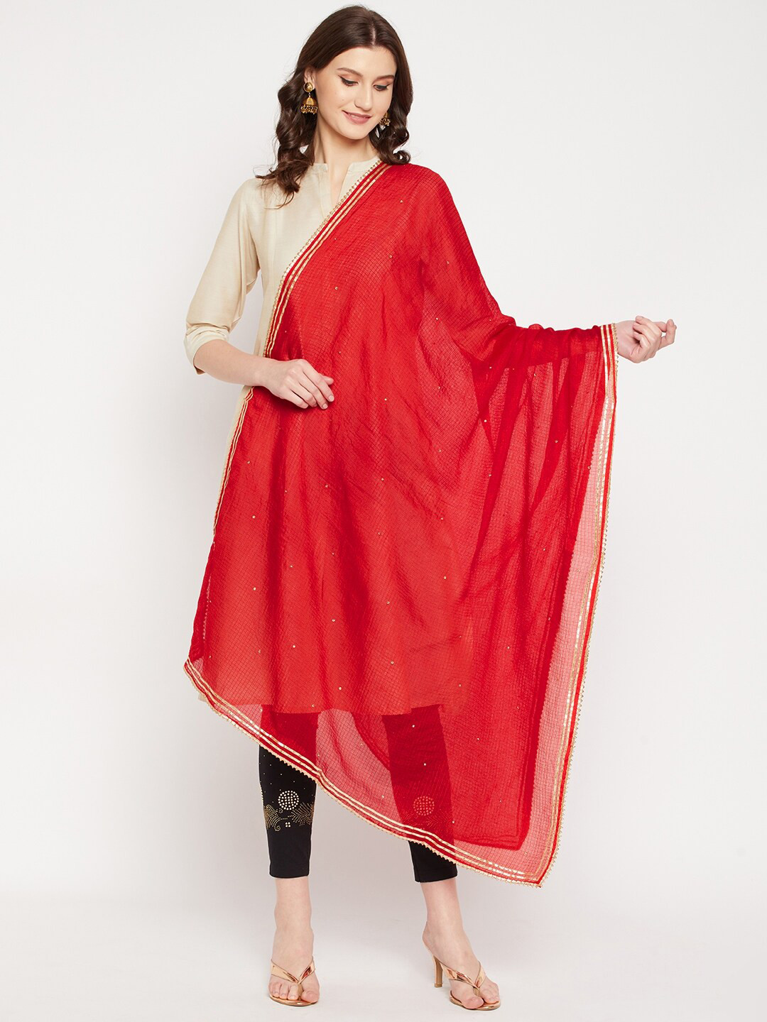 Clora Creation Red Checked Dupatta with Gotta Patti