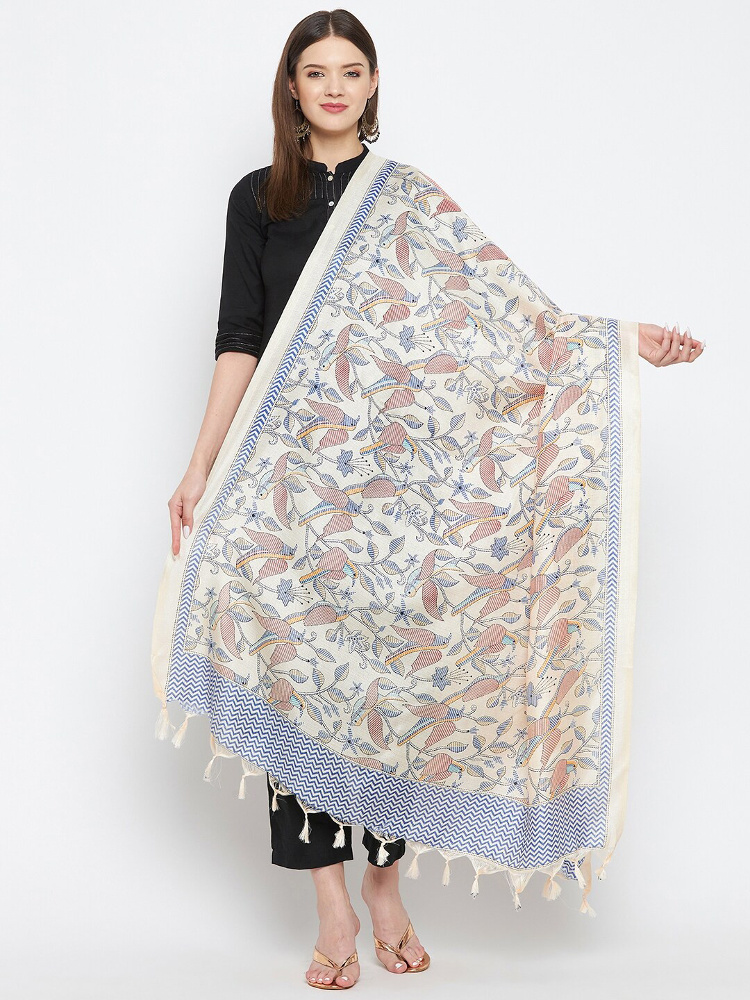 Clora Creation Cream-Coloured & Blue Printed Dupatta