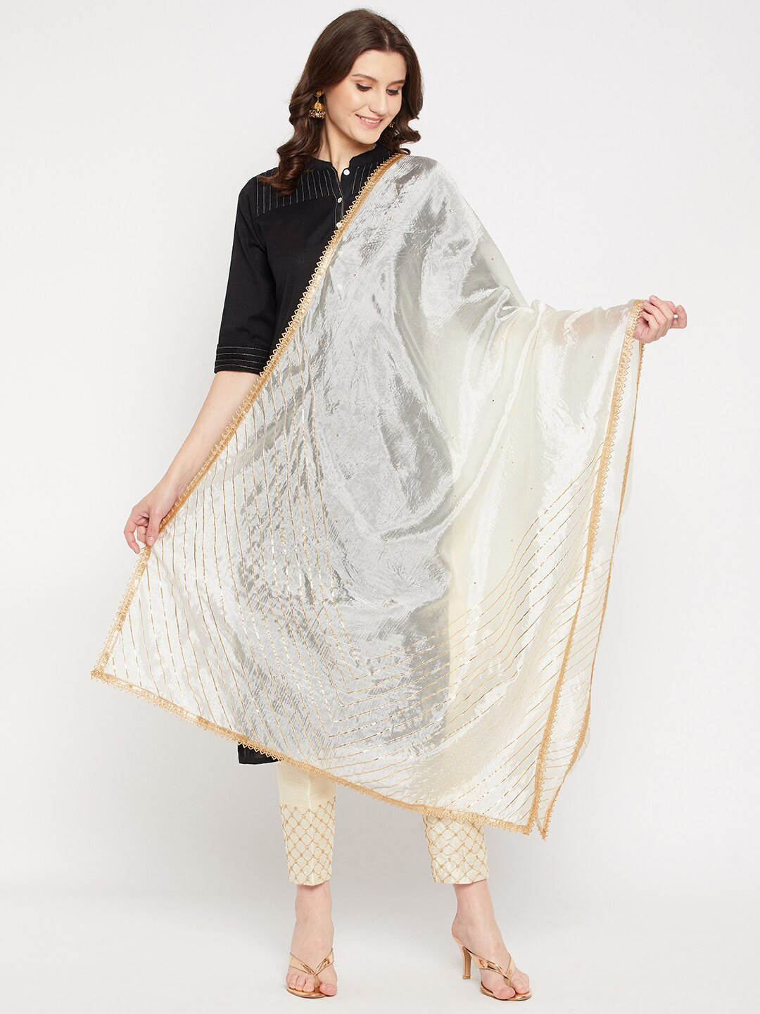 Clora Creation Cream-Coloured Embroidered Gotta Patti Sequined Silk Dupatta