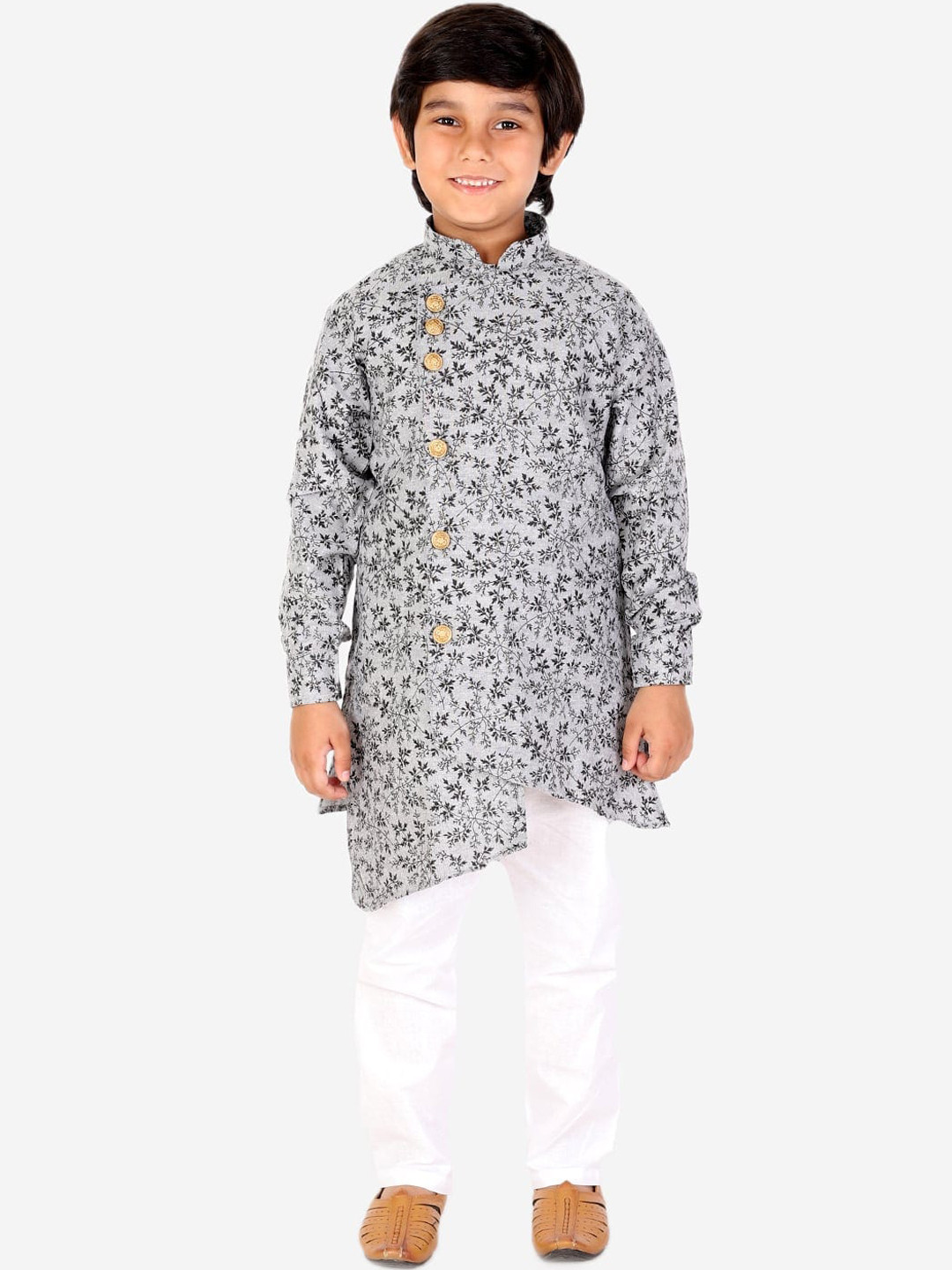Pro-Ethic STYLE DEVELOPER Boys Black Floral Printed Angrakha Pure Cotton Kurta with Pyjamas