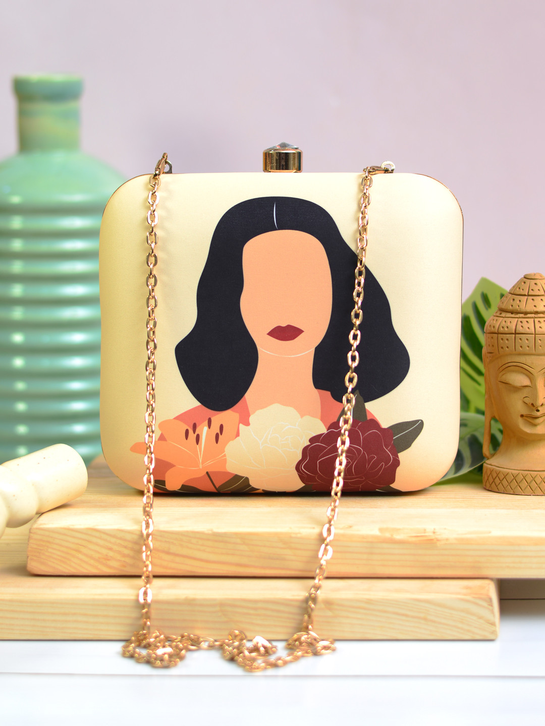 ARTKLIM Beige Printed Box Clutch