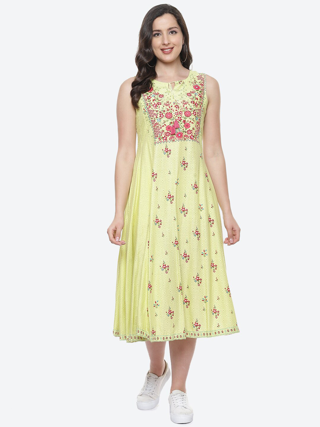 Biba Lime Green & Pink Floral Ethnic A-Line Midi Dress