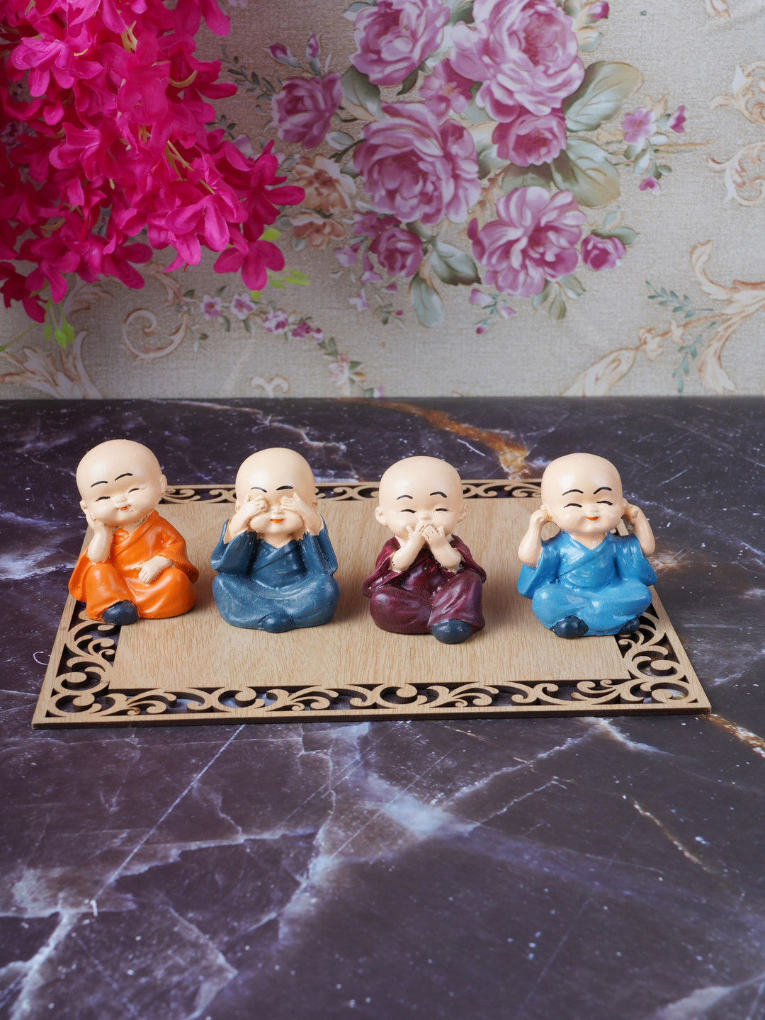 FASHIYANOO Mini Monk Assorted Polyresin Matte Home Office Set of 4 Small Showpieces -