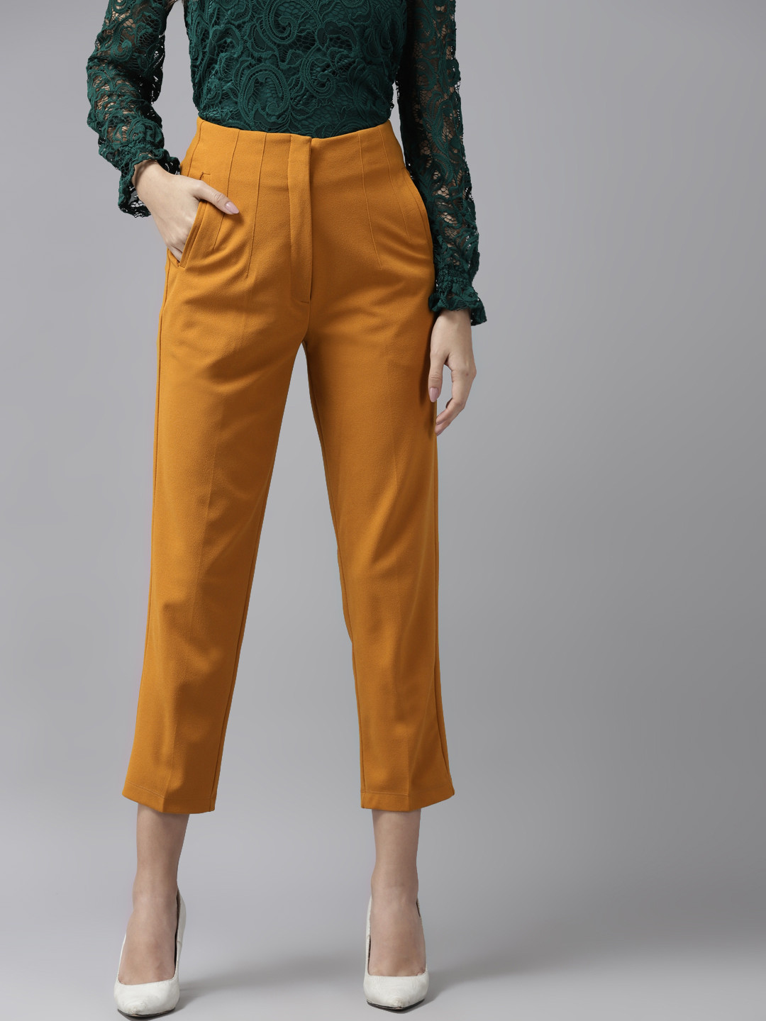 URBANGRACE BY KASSUALLY Women Mustard Yellow Solid Peg Trousers