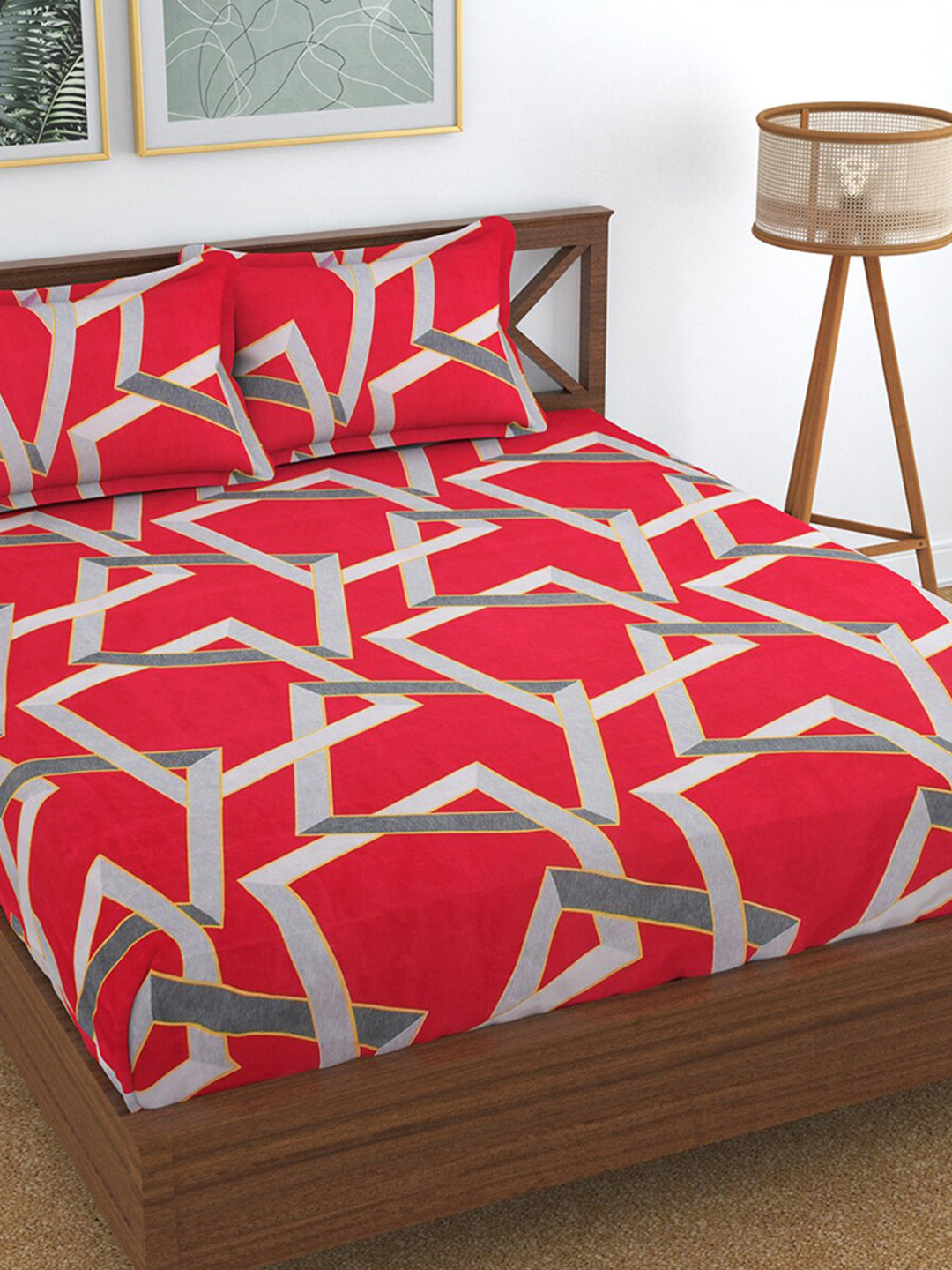 Hammer Home Maroon Geometric Polycotton 144 TC Queen Bedsheet with 2 Pillow Covers-90 x 100 inches