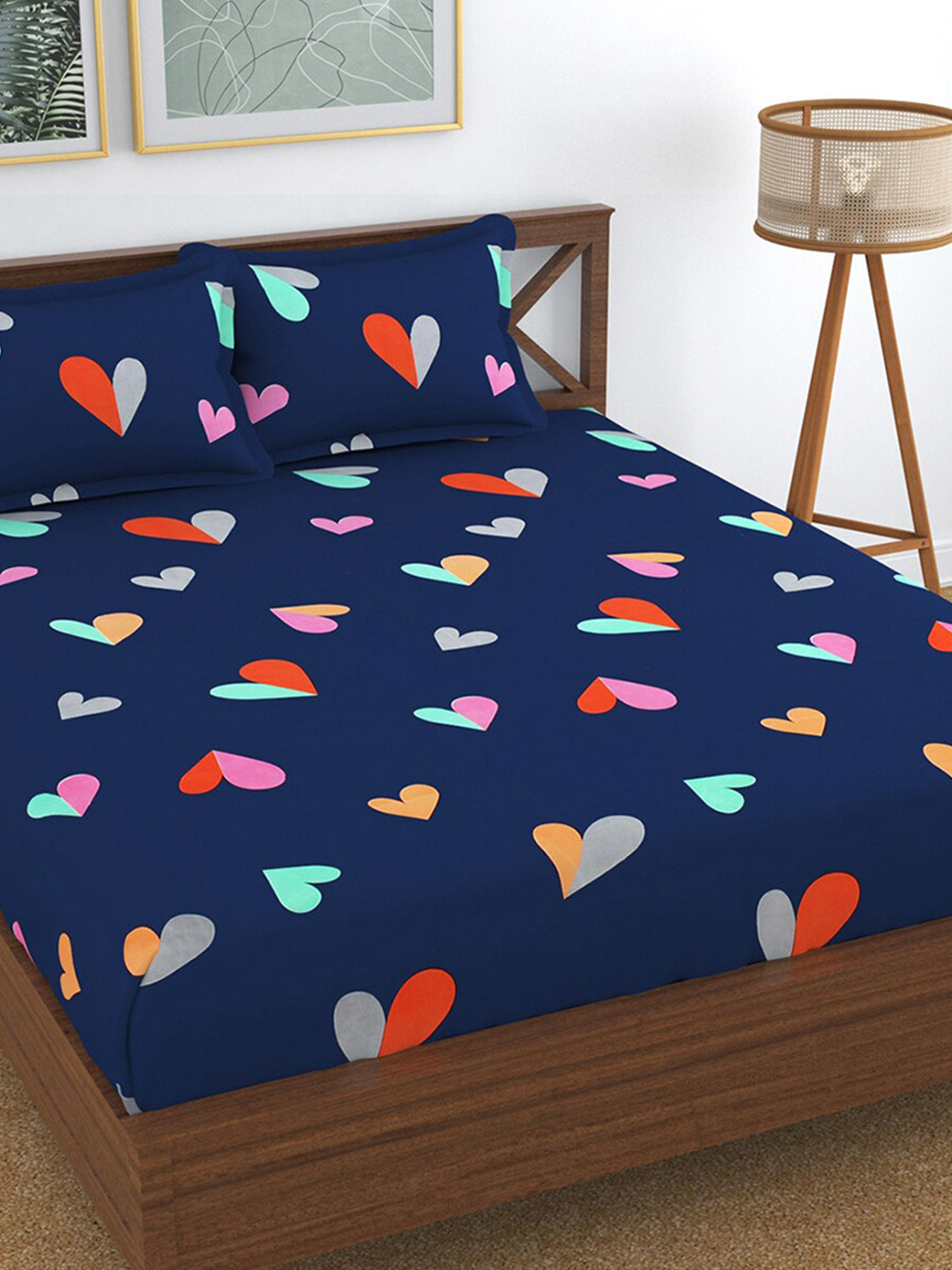 Hammer Home Navy Blue Graphic Polycotton 144 TC Queen Bedsheet with 2 Pillow Covers-228 x 254 cm