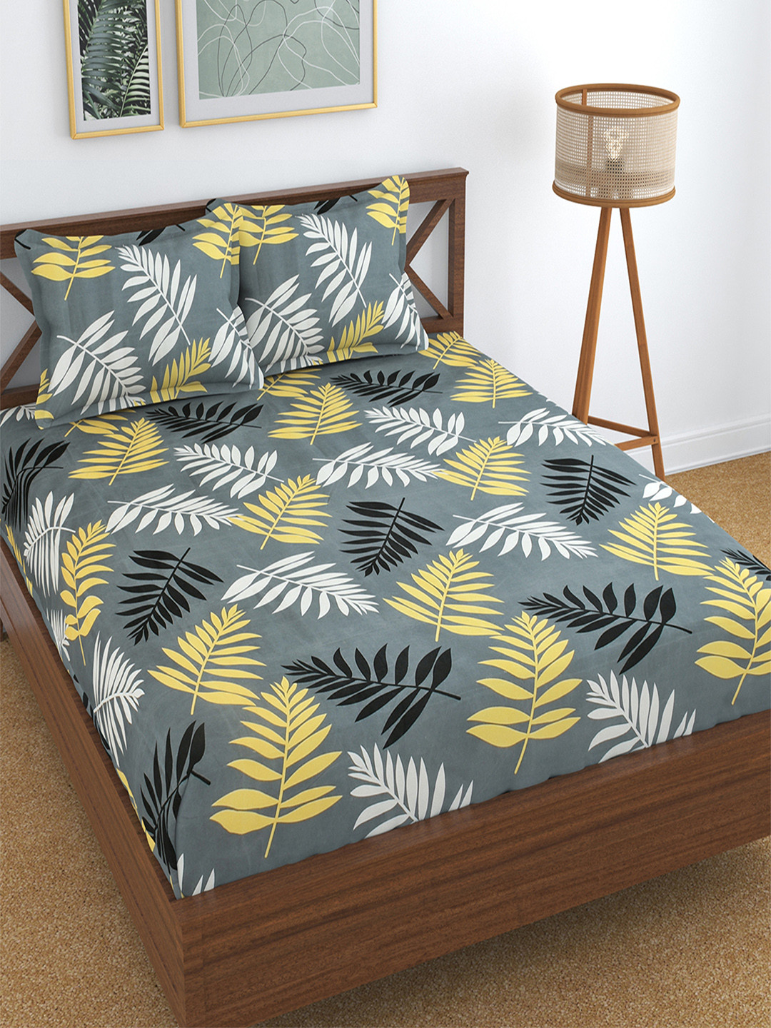 Hammer Home Grey Leaf Polycotton 144 TC Queen Bedsheet with 2 Pillow Covers-90 x 100 inches