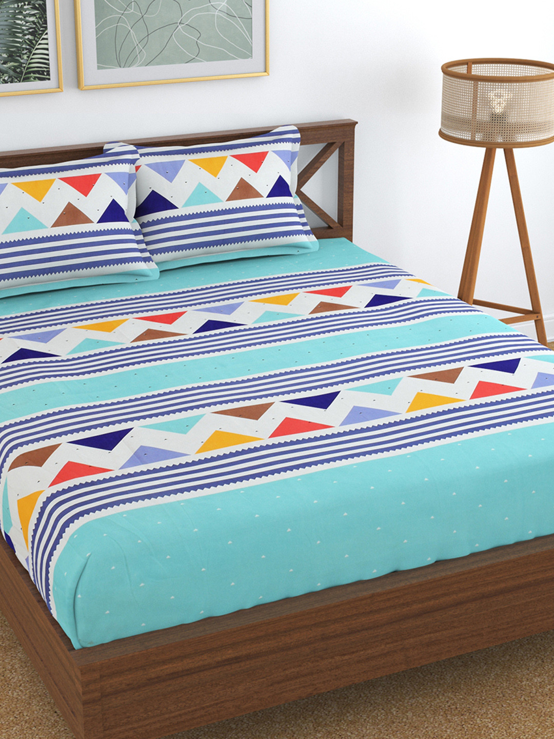 Hammer Home Blue Abstract Polycotton 144 TC Queen Bedsheet with 2 Pillow Covers-90 x 100 inches