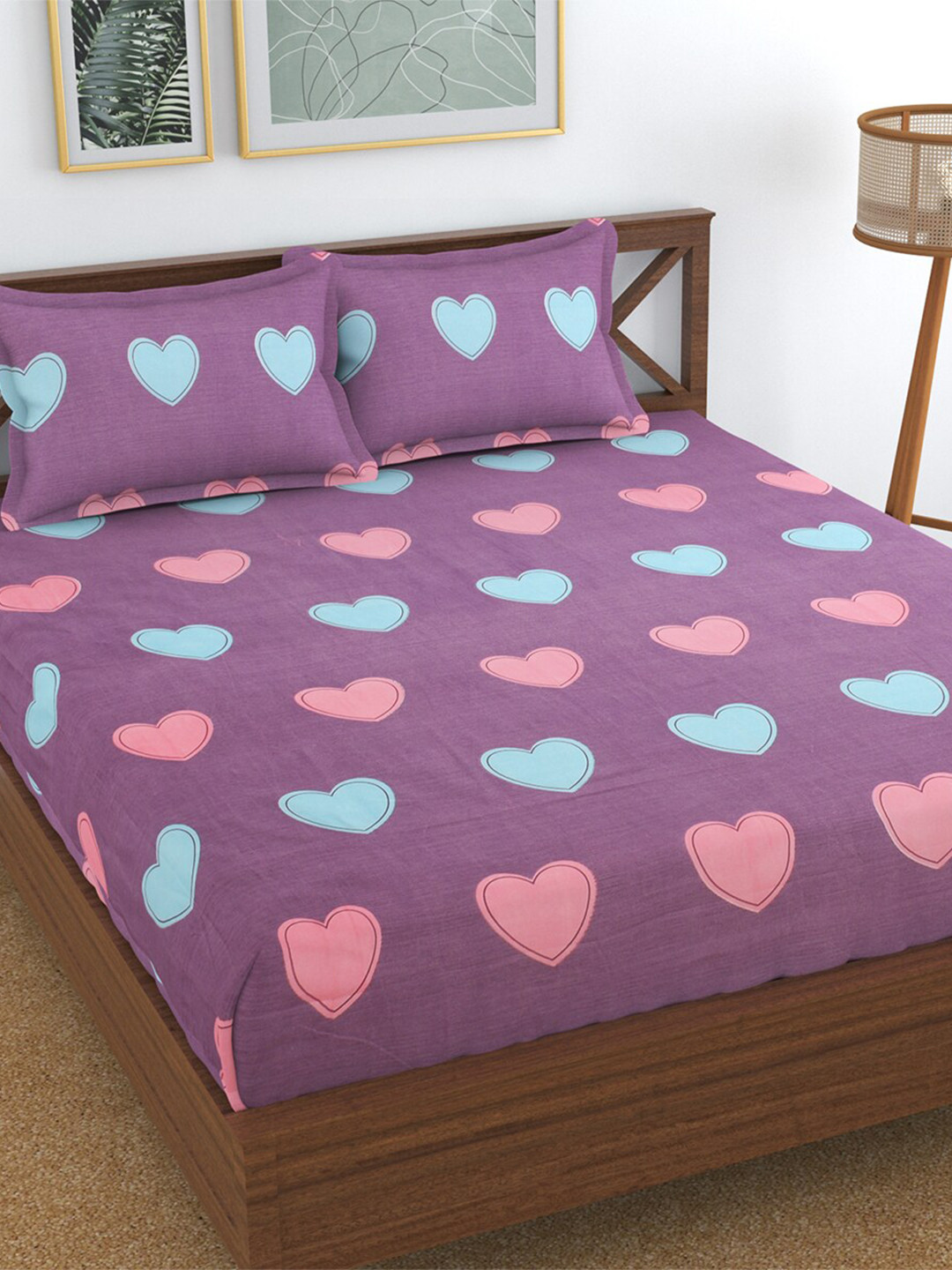 Hammer Home Purple Conversational Polycotton 144 TC Queen Bedsheet with 2 Pillow Covers-90 x 100 inches