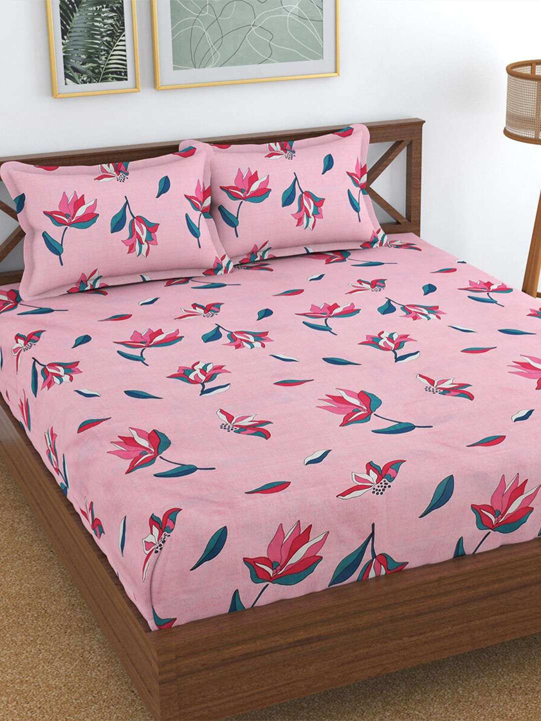 Hammer Home Pink Floral Polycotton Skin-Friendly 144 TC Queen Bedsheet with 2 Pillow Covers-228 x 274 cm