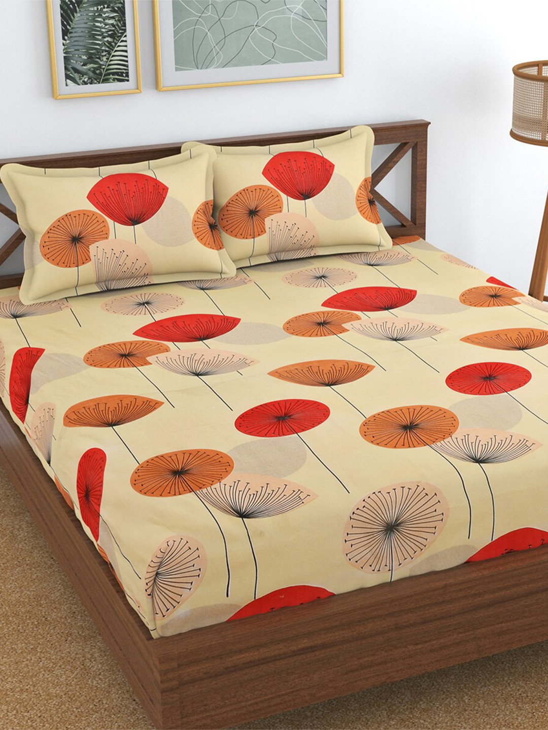 Hammer Home Beige Floral Polycotton 144 TC Queen Bedsheet with 2 Pillow Covers-90 x 100 inches