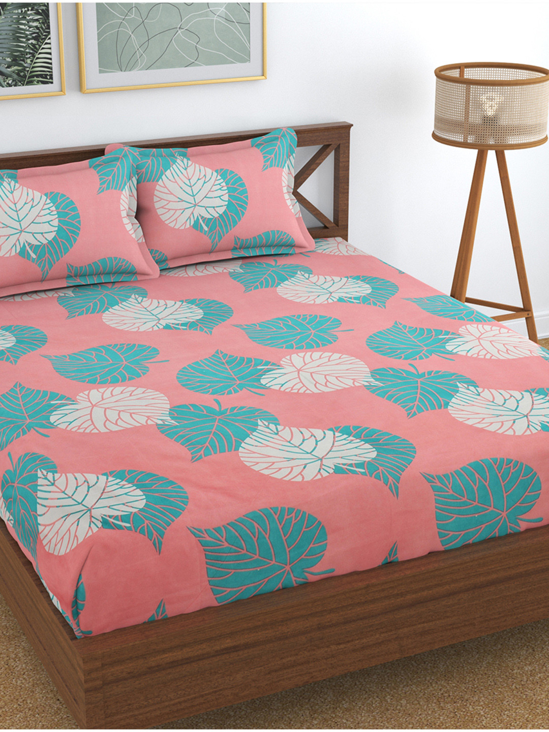 Hammer Home Peach Leaf Polycotton 144 TC Queen Bedsheet with 2 Pillow Covers-90 x 100 inches