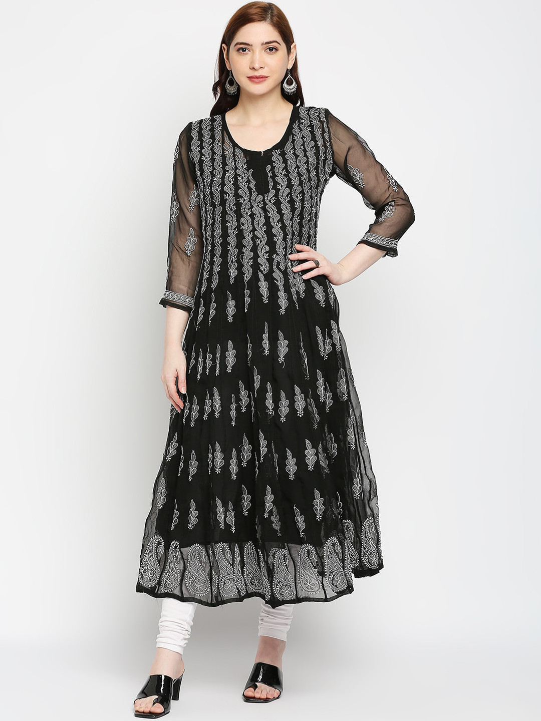 Indiankala4u Women Black Paisley Chikankari Georgette Anarkali Kurta
