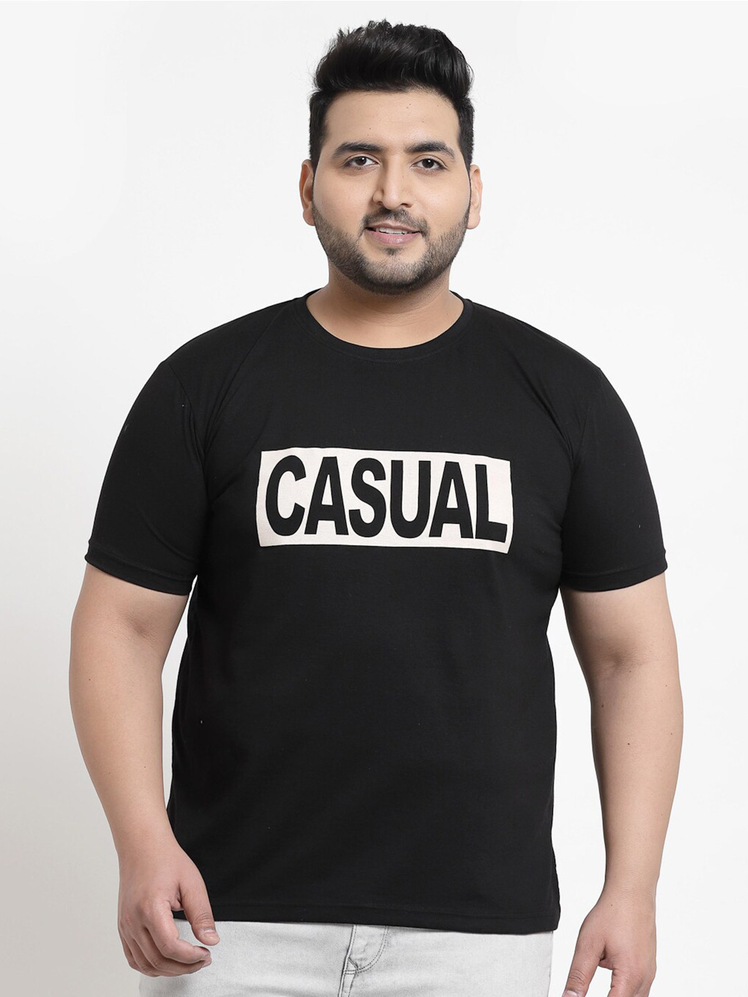 plusS Men Plus Size Black & White Printed Pure Cotton T-shirt