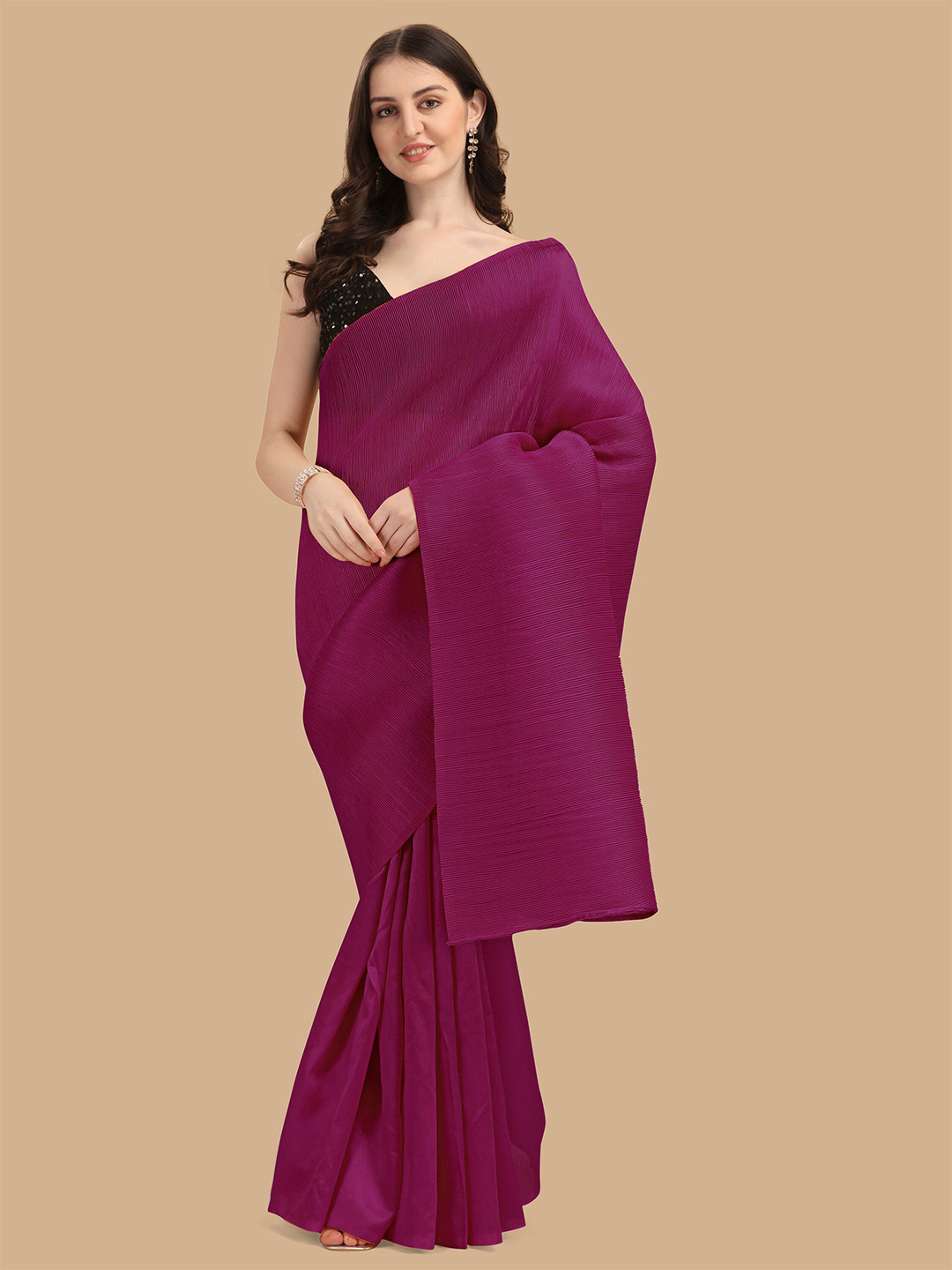 KALINI Purple Crushed Satin Saree
