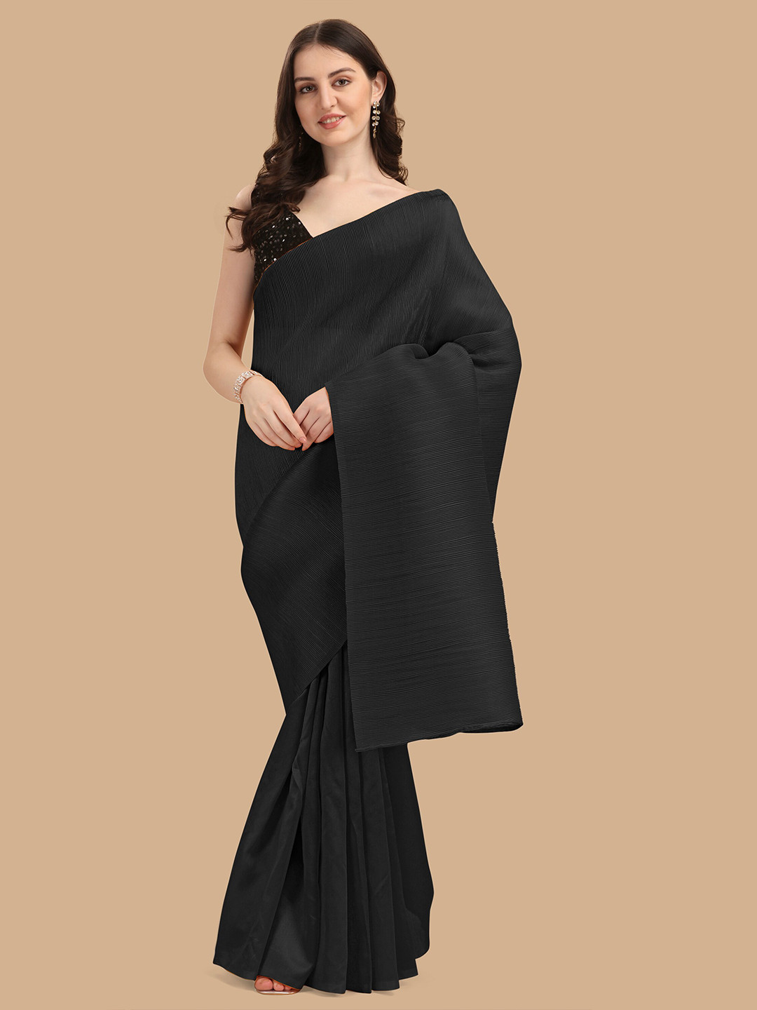 KALINI Black Sequinned Satin Saree
