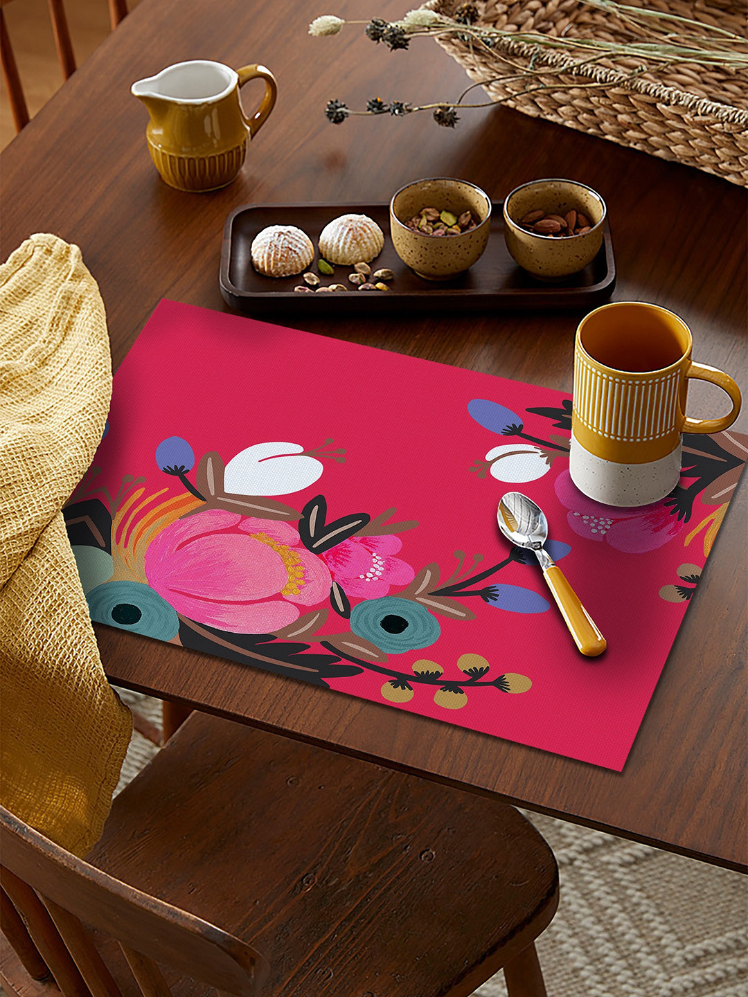 AEROHAVEN Set of 4 Red Floral Polycotton Dining Table Placemats