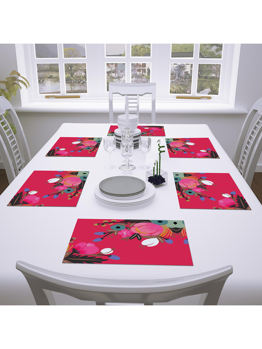 AEROHAVEN Set of 6 Red & Blue Floral Printed Table Placemats