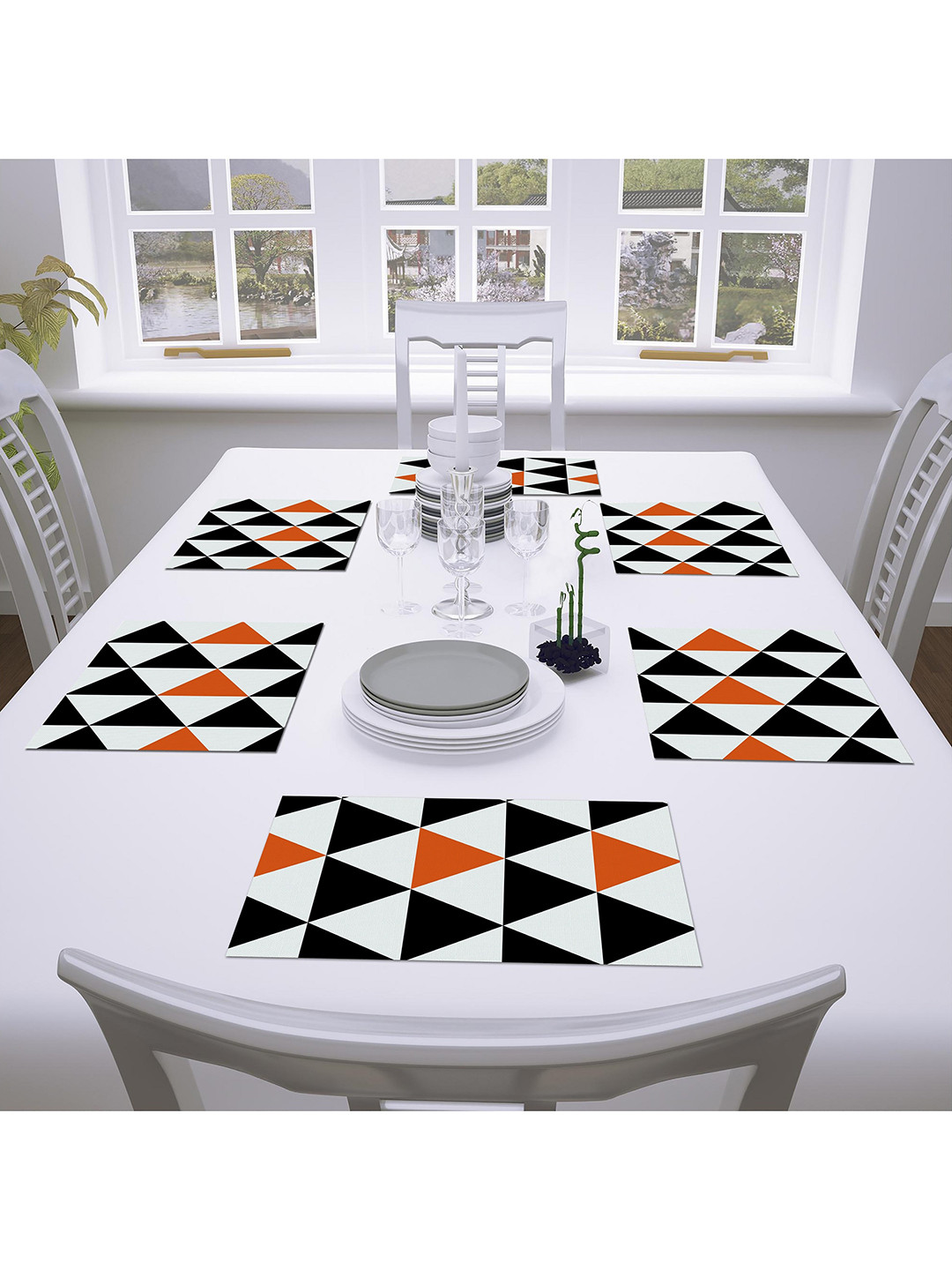 AEROHAVEN Set Of 6 Orange & Black Geometric Polycotton Textured Table Placemats