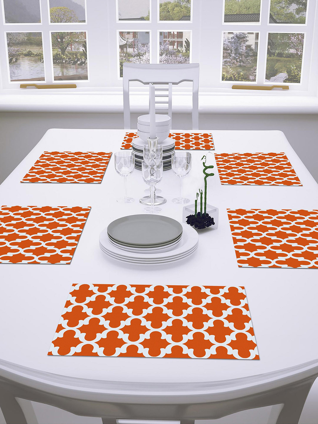 AEROHAVEN Set Of 6 Orange & White Geometric Textured Dining Table Placemats