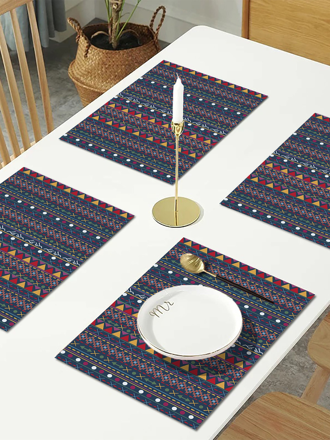 AEROHAVEN Set of 4 Blue Geometric Printed Cotton Table Placemats